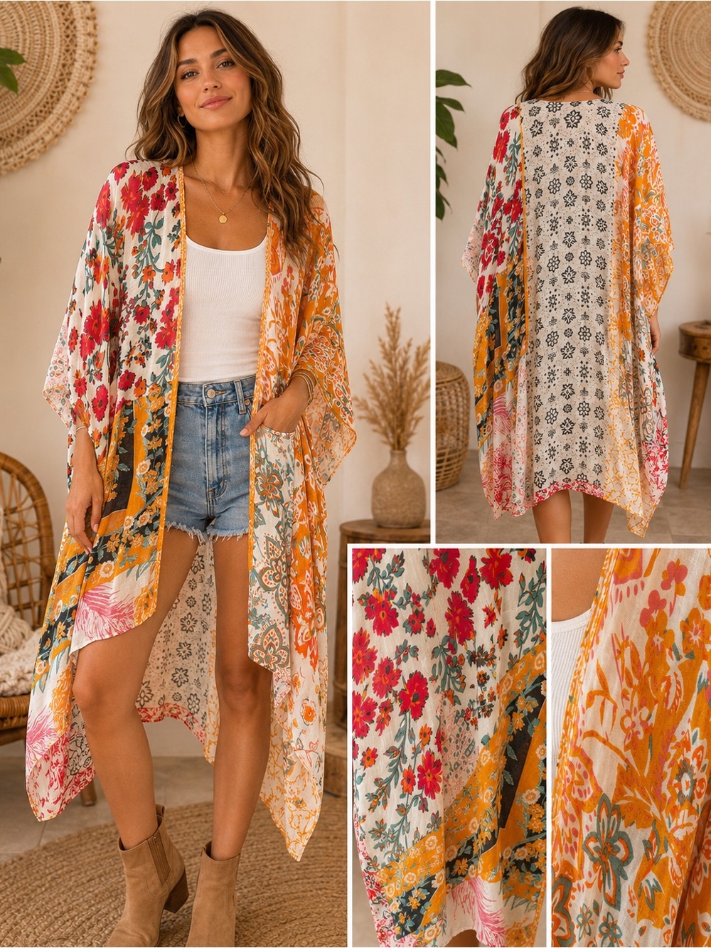 Boho Floral Patchwork Camisole Kimono in Orange